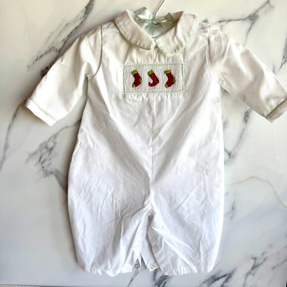 Petit Ami Christmas Smocked Romper 6 Months White Holiday Outfit Stockings - Picture 1 of 11